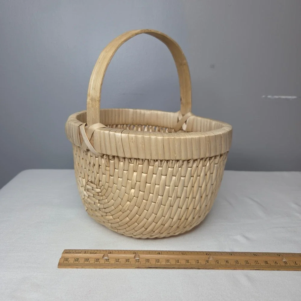 Natural Woven Reed Round Basket w/ Handle Rustic Farmhouse Boho Decor 8x10